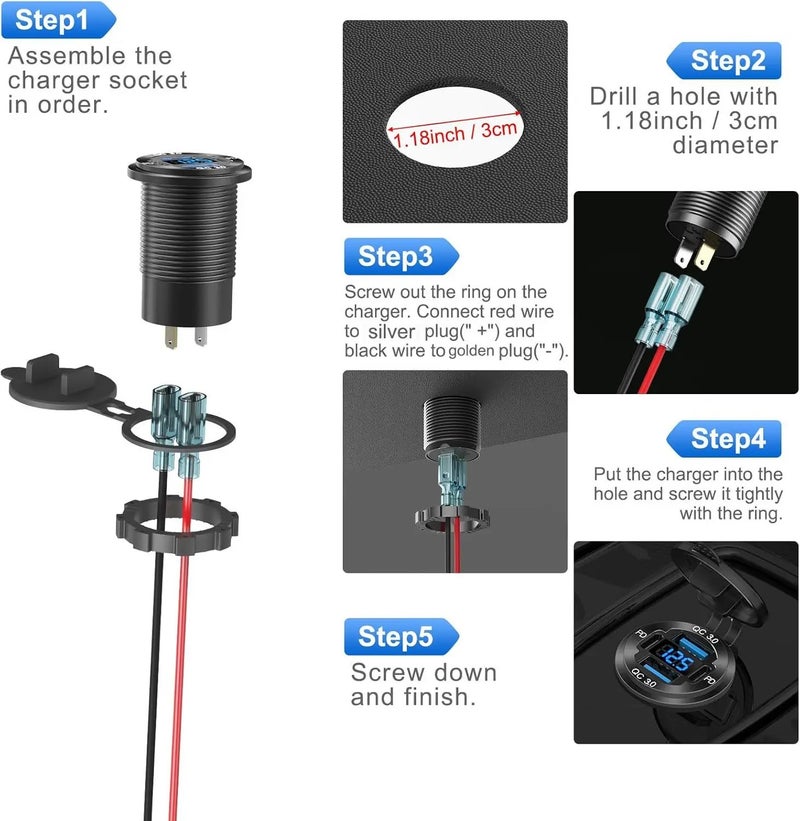 Y&D 78W Waterproof 12V Car Charger, 4 Port USB Outlet: Dual PD USB-C & Dual Quick Charge 3.0, Aluminum Automobile Charger with Voltmeter for Boat/Car - Image 4